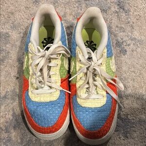 Blue and Red Sneakers with Colorful Design and Breathable Mesh